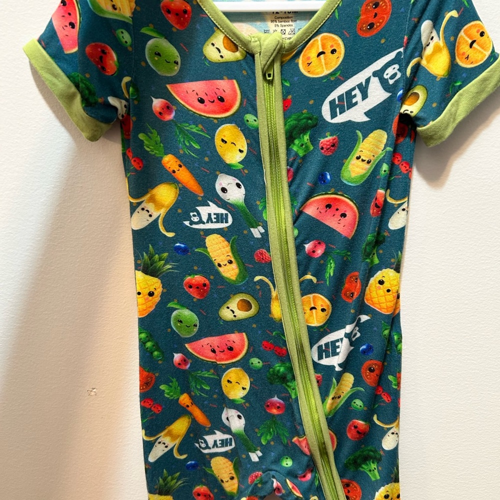 Hey Bear Dancing Fruits and Vegetables Zip Up Romper